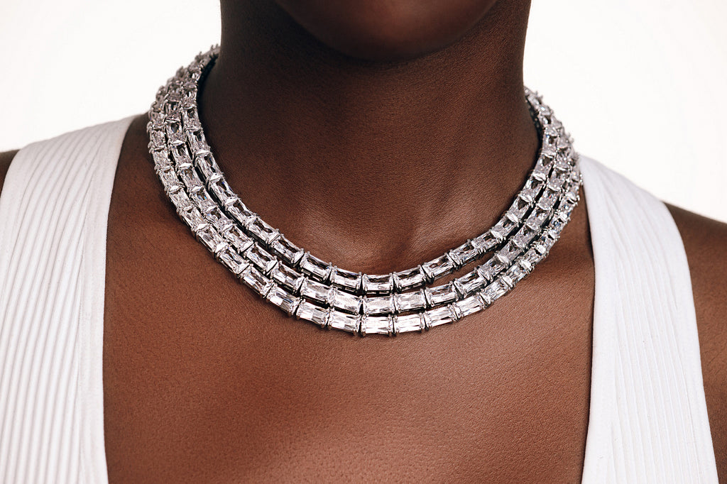 Emerald Cut Stacked Tennis Necklace Cubic Zirconia