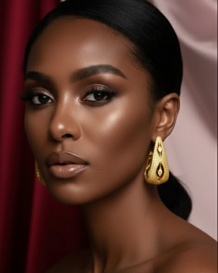 Gold Nova Drop Hoops with a thick, tapered design and pavé crystal embellishments.