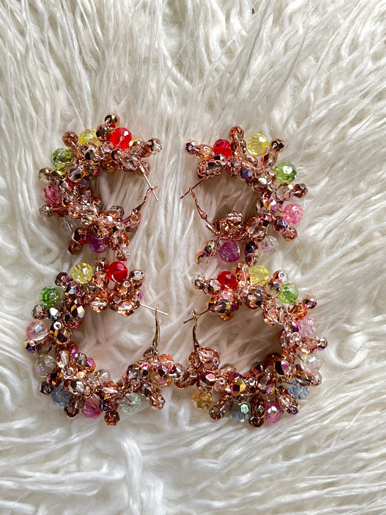 Colorful Beaded Rose Gold Hoop Earrings with Crystals