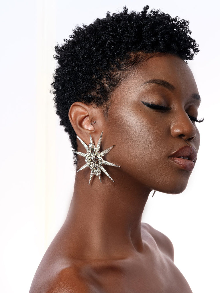 Star Studded Starbust Statement Silver Drop Earrings Styled