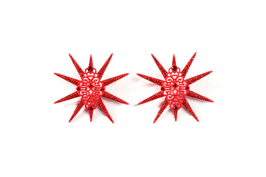 Star Studded Starbust Statement Red Drop Earrings