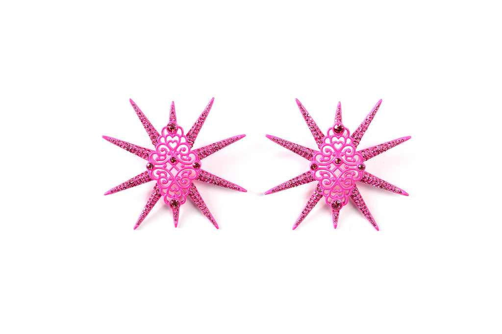Star Studded Starbust Statement Pink Drop Earrings