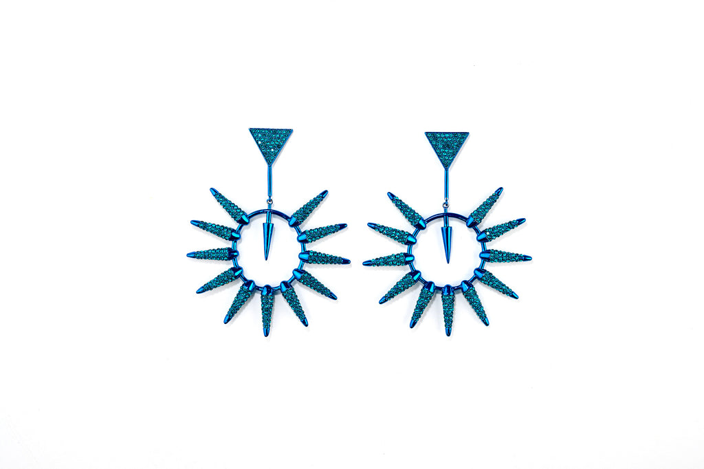Glitzy Rebel Spiked Blue Crystal Drop Earrings Styled
