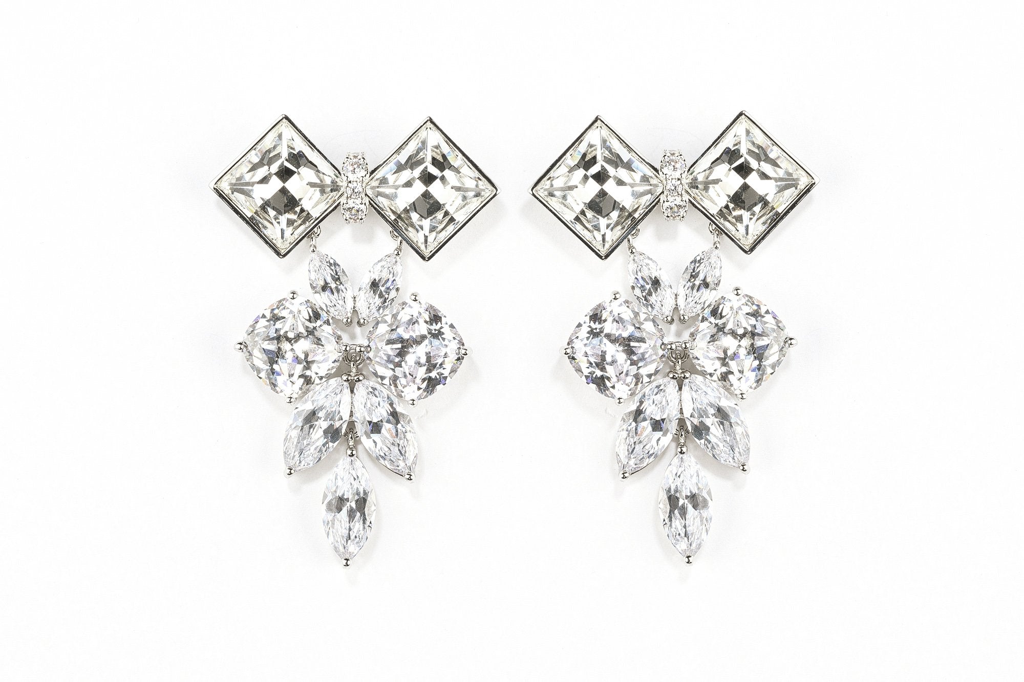 Crystal Drop Earrings - Diamond Silver Crystal Cluster