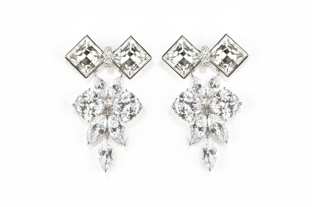 Crystal Drop Earrings - Diamond Silver Crystal Cluster