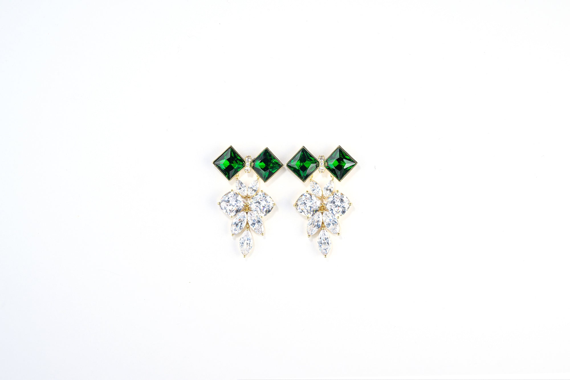 Statement Earrings - Emerald Gold Crystal Cluster Drop Earrings