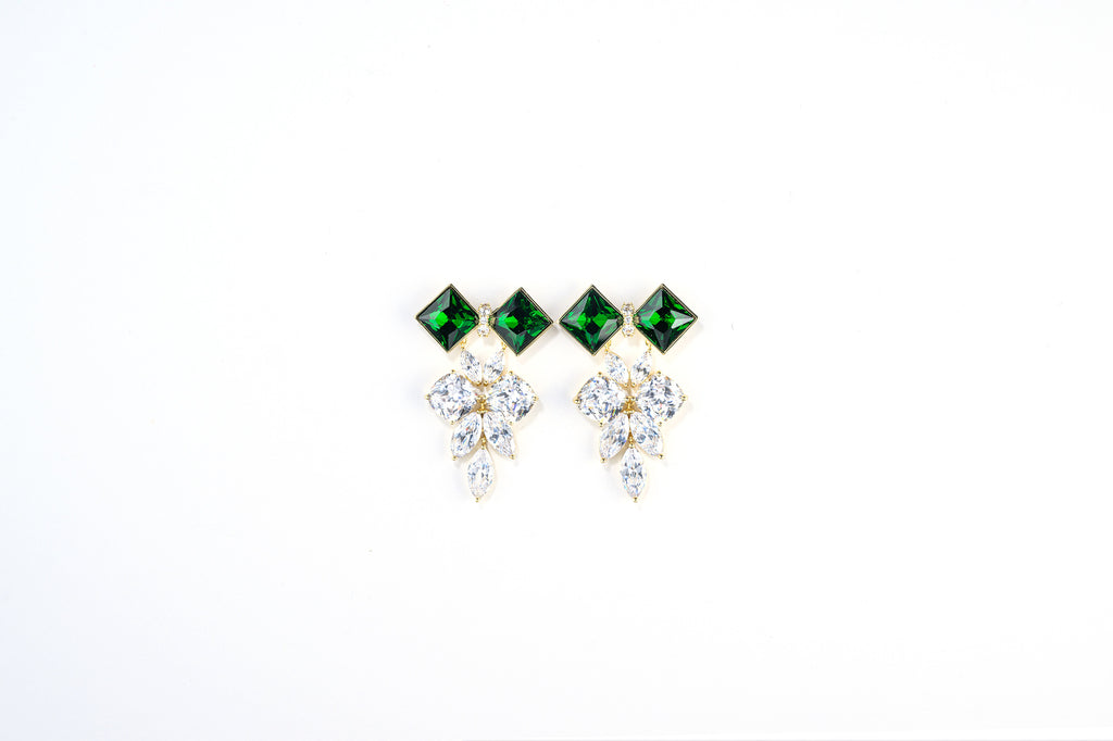Statement Earrings - Emerald Gold Crystal Cluster Drop Earrings