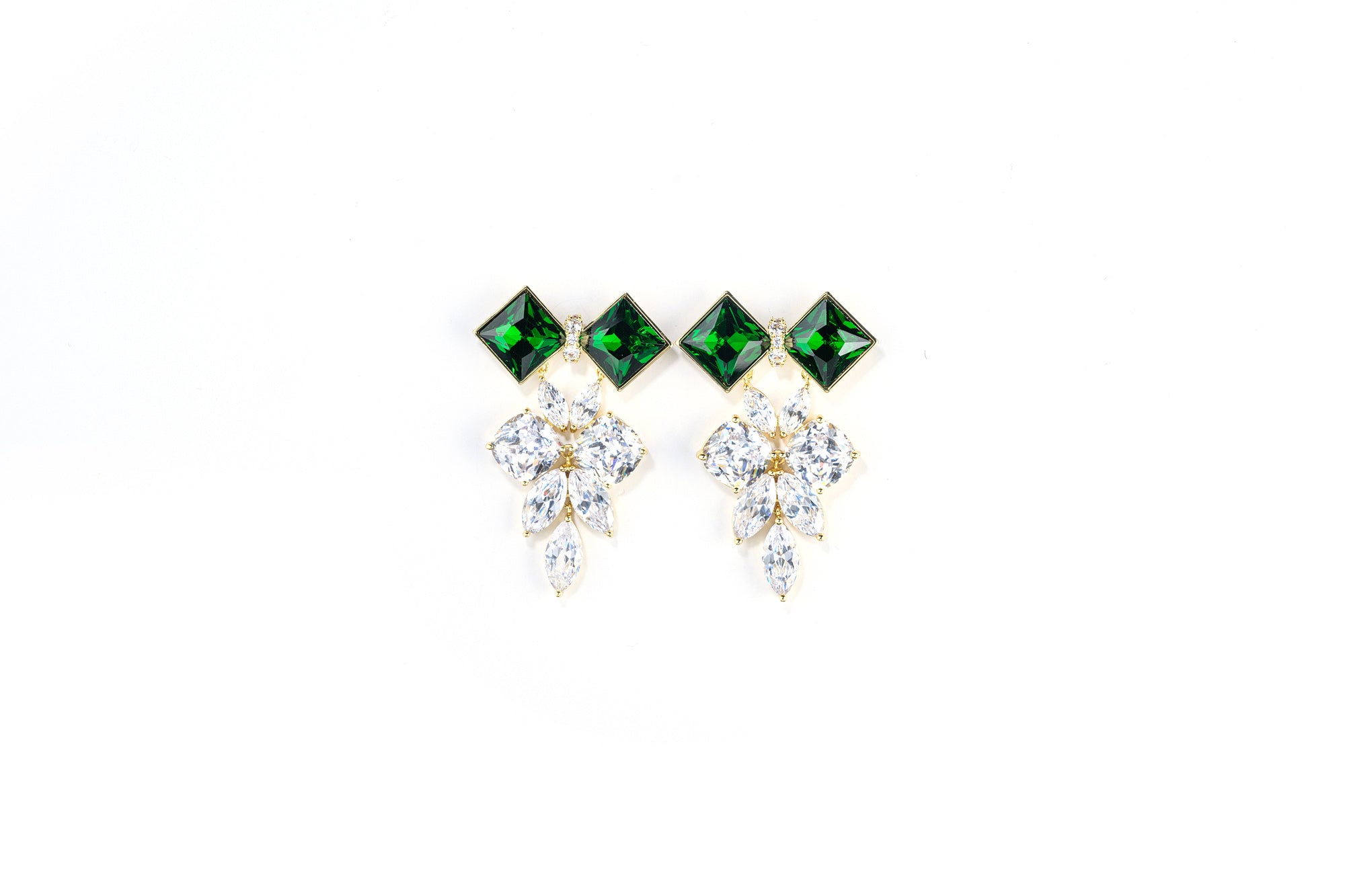 Crystal Drop Earrings - Emerald Diamond Gold - Statement Jewelry