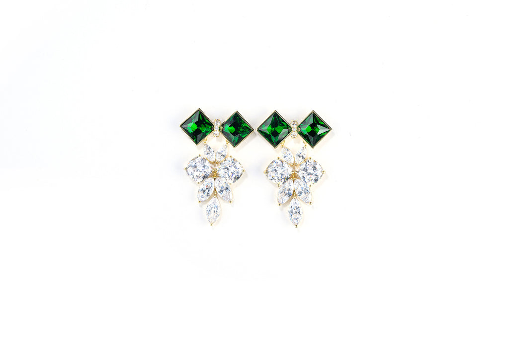 Crystal Drop Earrings - Emerald Diamond Gold - Statement Jewelry