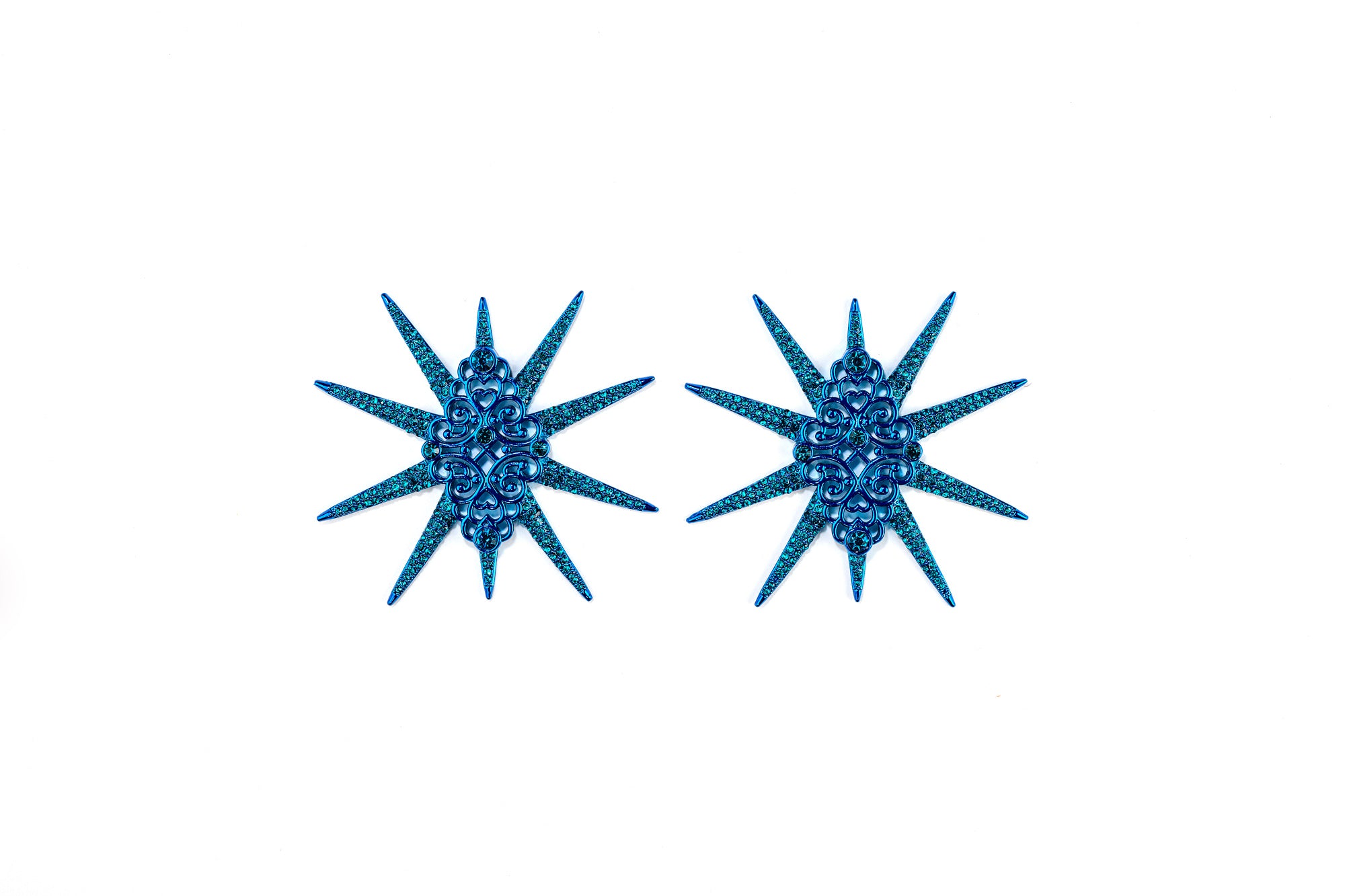 Star Studded Starbust Statement Blue Drop Earrings
