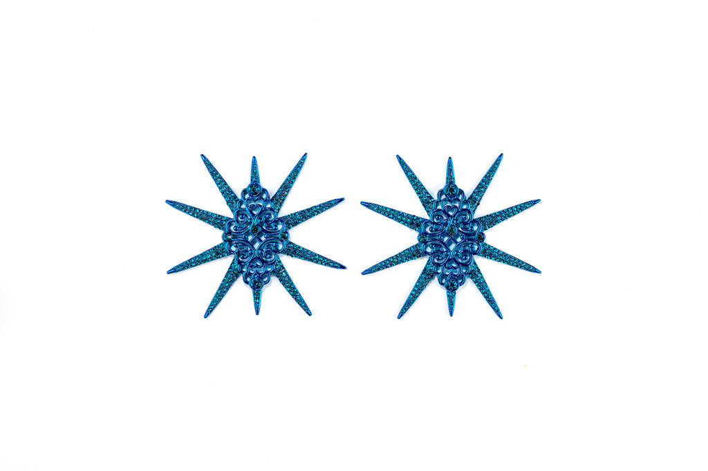 Star Studded Starbust Statement Blue Drop Earrings