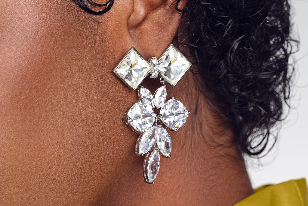 Crystal Drop Statement Earrings - Diamond Silver Crystal Cluster