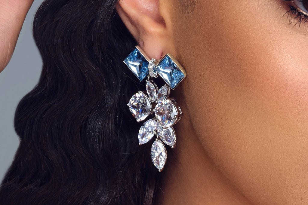 Crystal Drop Earrings - Blue Diamond Gold- Bridal Statement