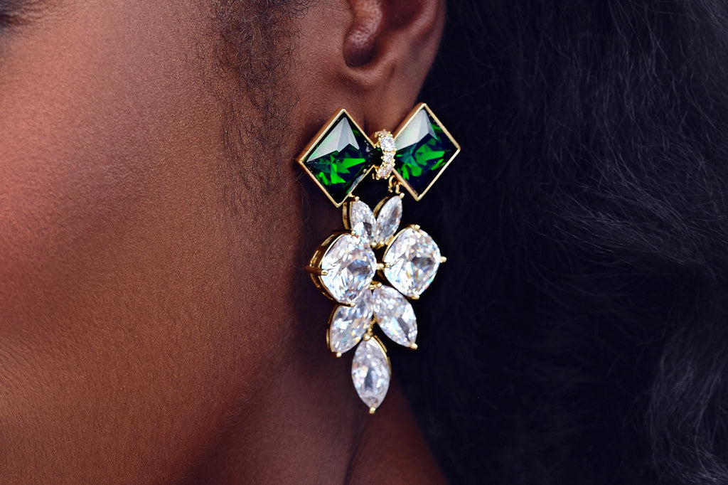 Statement Earrings - Emerald Gold Crystal Cluster Drop Earrings