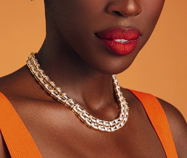 Emerald Cut Tennis Necklace Gold Cubic Zirconia