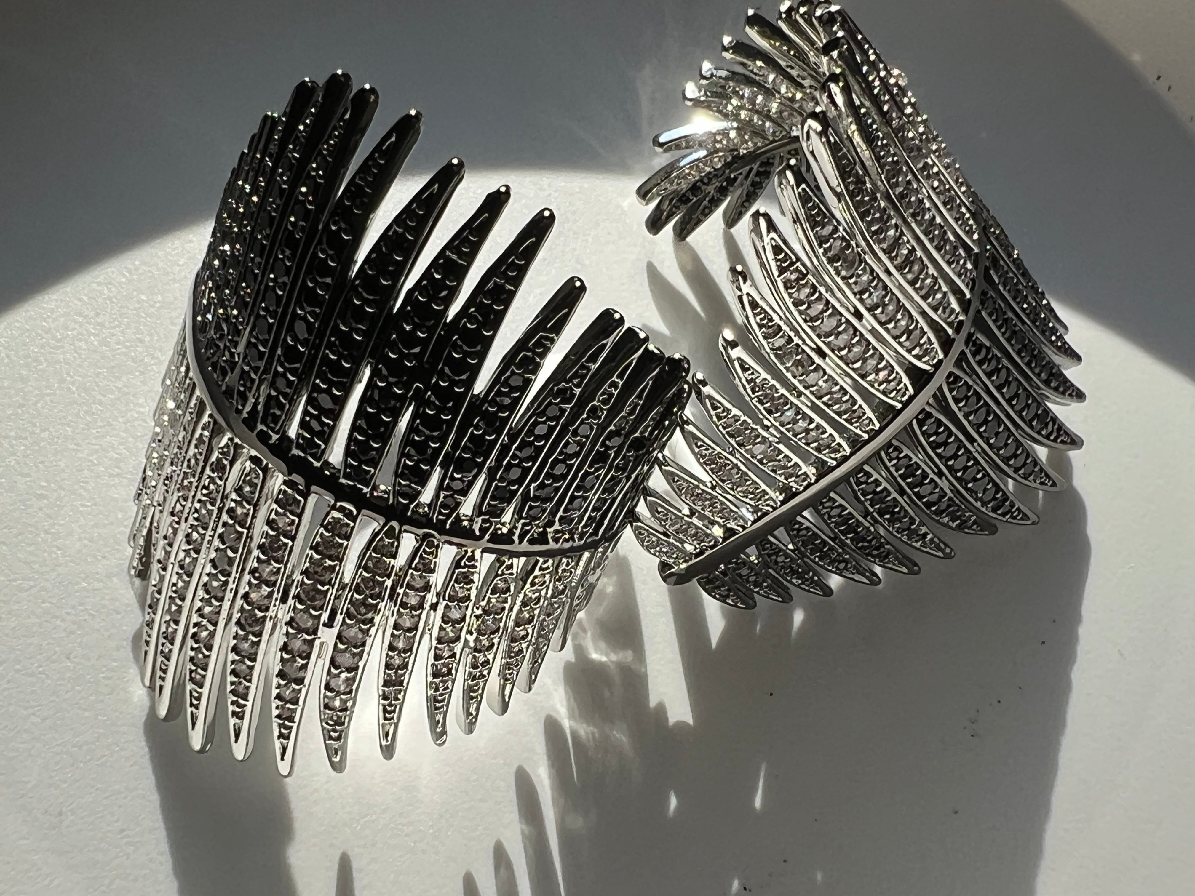 Palmier Leaf Crystal Statement Earrings Black and Silver XL