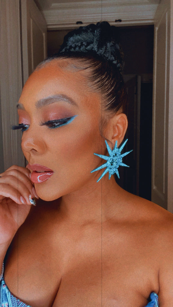 Star Studded Starbust Statement Blue Drop Earrings Styled