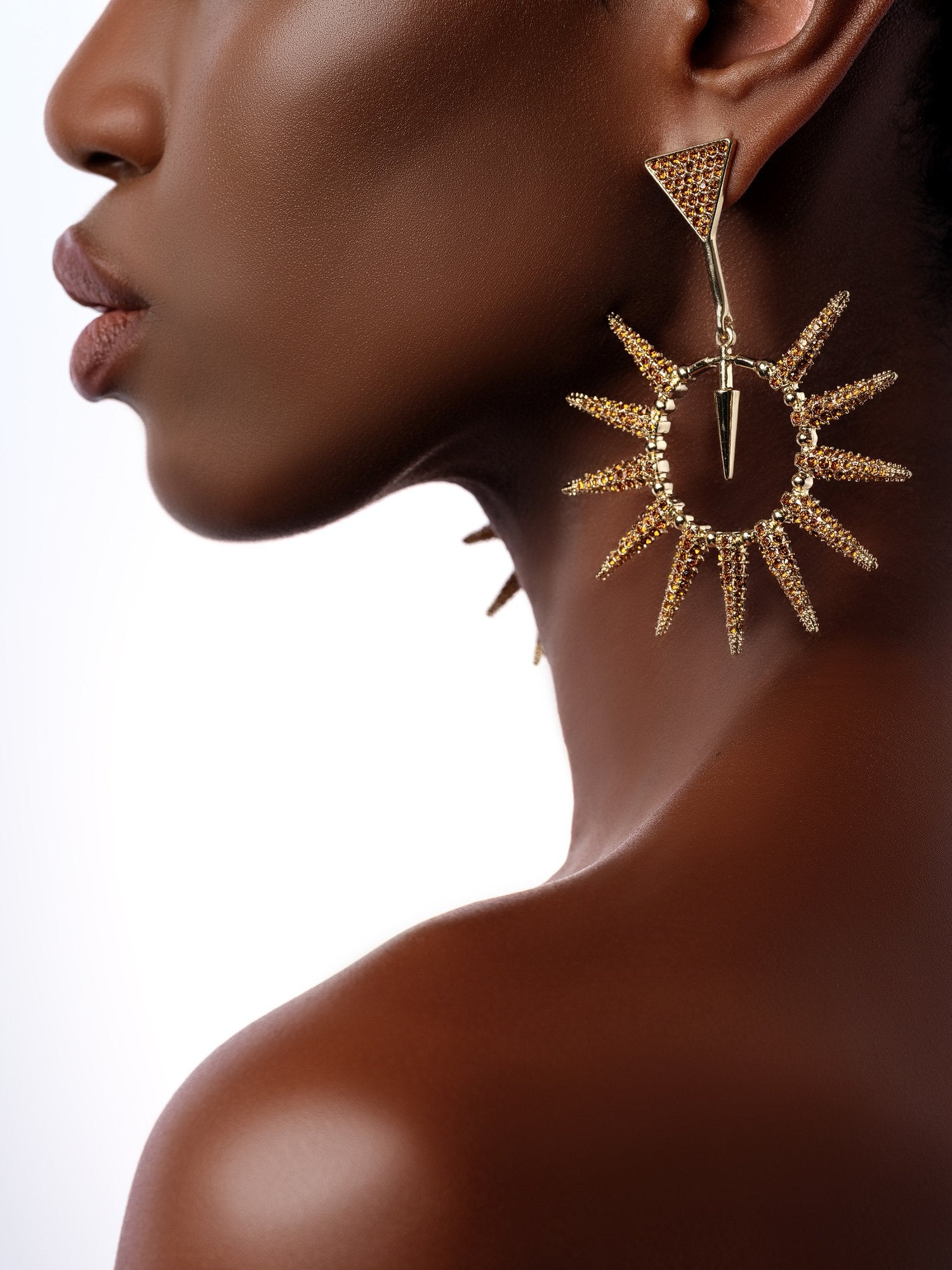 Glitzy Rebel Spiked Gold Crystal Drop Earrings Styled