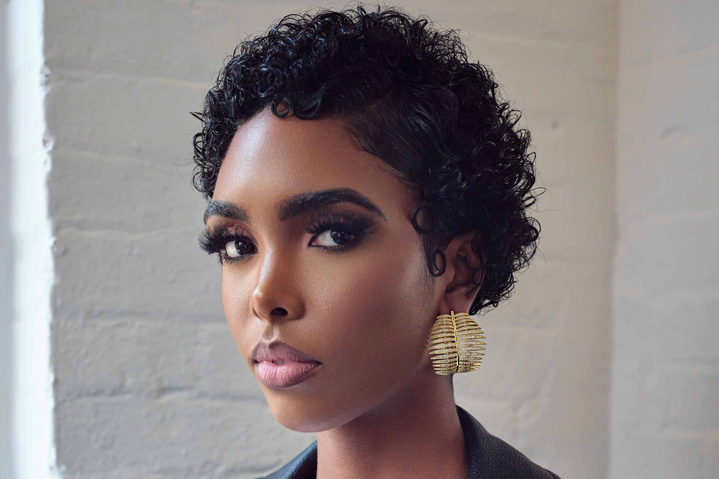 Palmier Leaf Crystal Statement Earrings Gold Plated XL Left